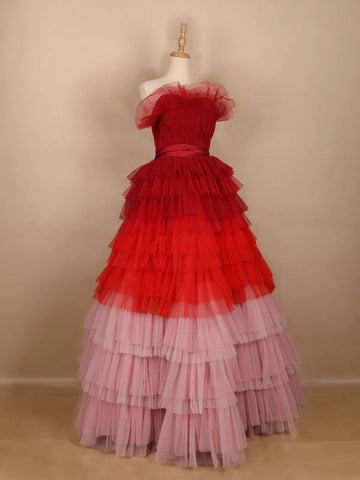 Red and Pink Ombre Tiered Ruffle Ball Gown in Tulle Net - Diadem