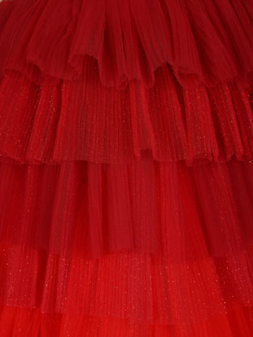 Red and Pink Ombre Tiered Ruffle Ball Gown in Tulle Net - Diadem