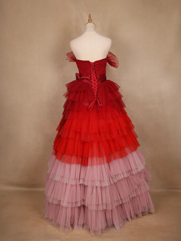 Red and Pink Ombre Tiered Ruffle Ball Gown in Tulle Net - Diadem