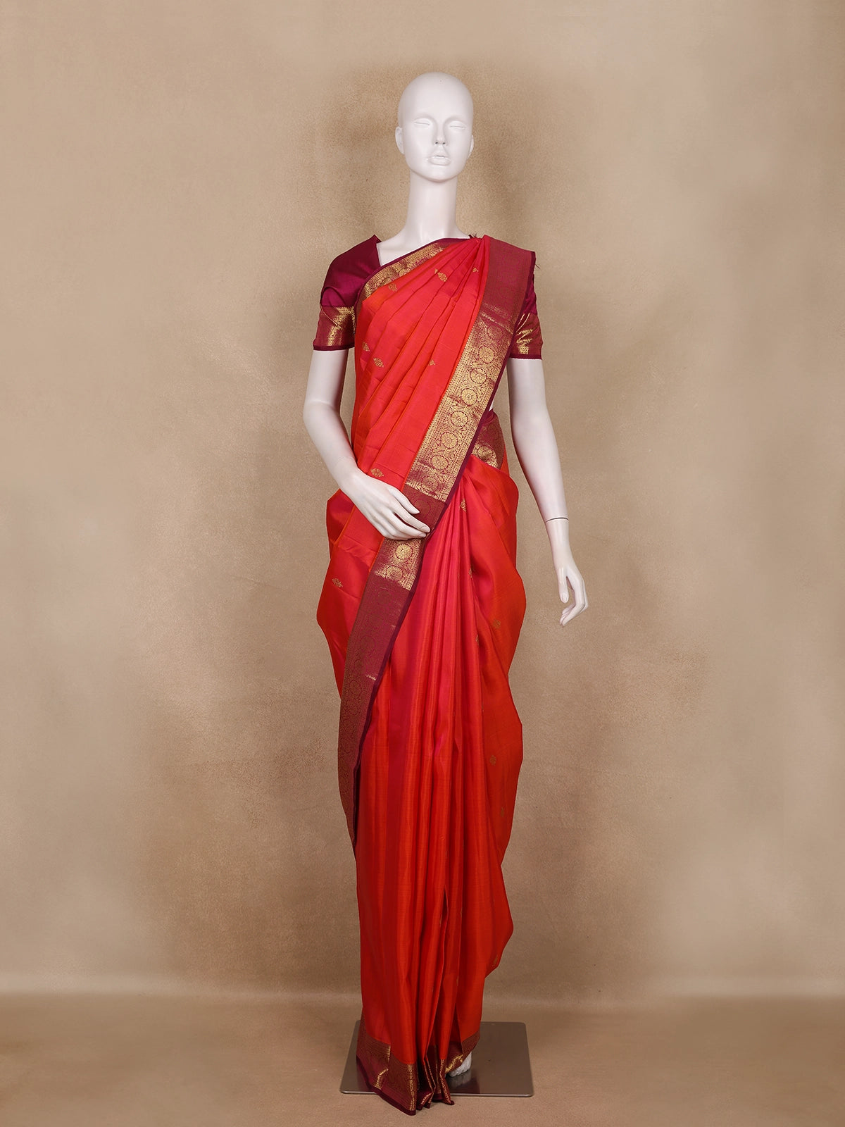 Reddish Orange Butta Woven Pure Kanchipuram Silk Saree