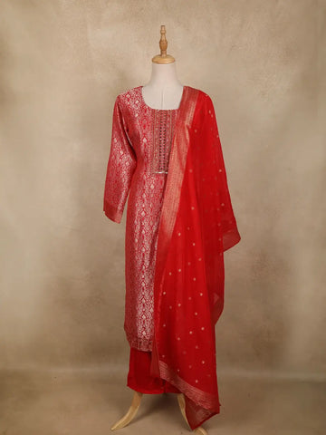Rich Red Floral Woven Design Banarasi silk Salwar Suit - Diadem