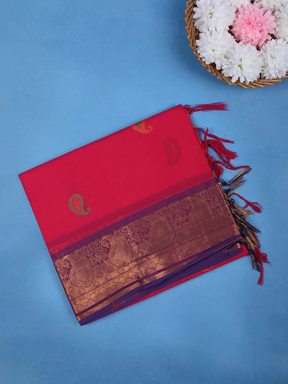 Rich Red Paisley Design Cotton Saree - Diadem