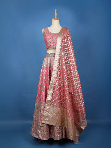 Rose Pink Floral Designed Mirror Work Silk Bridesmaid Lehenga - Diadem