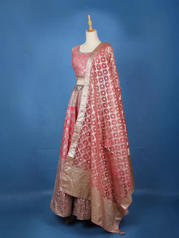 Rose Pink Floral Designed Mirror Work Silk Bridesmaid Lehenga - Diadem