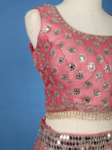 Rose Pink Floral Designed Mirror Work Silk Bridesmaid Lehenga - Diadem