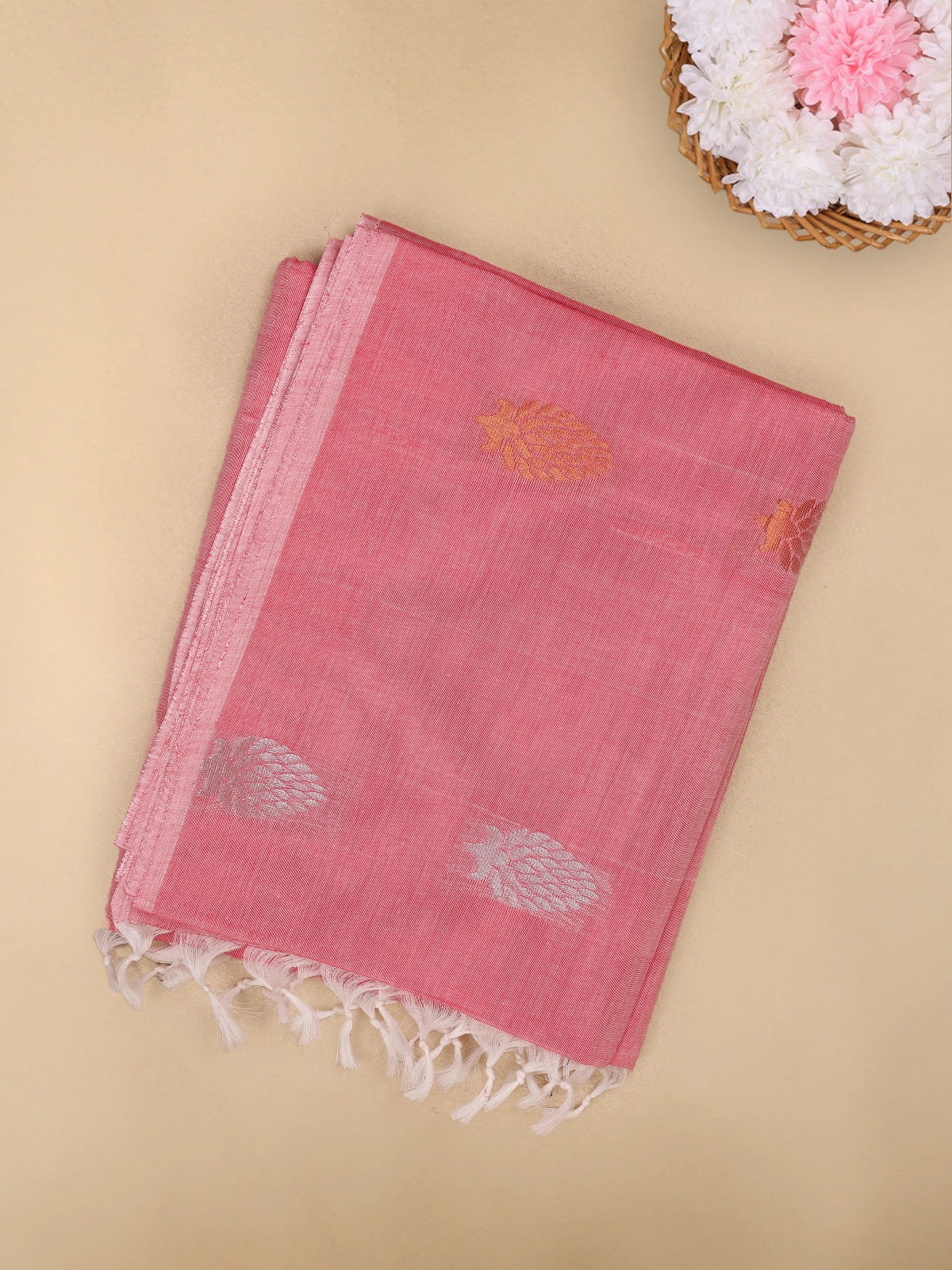 Rose Pink Leaf Butta Woven Design Cotton Saree