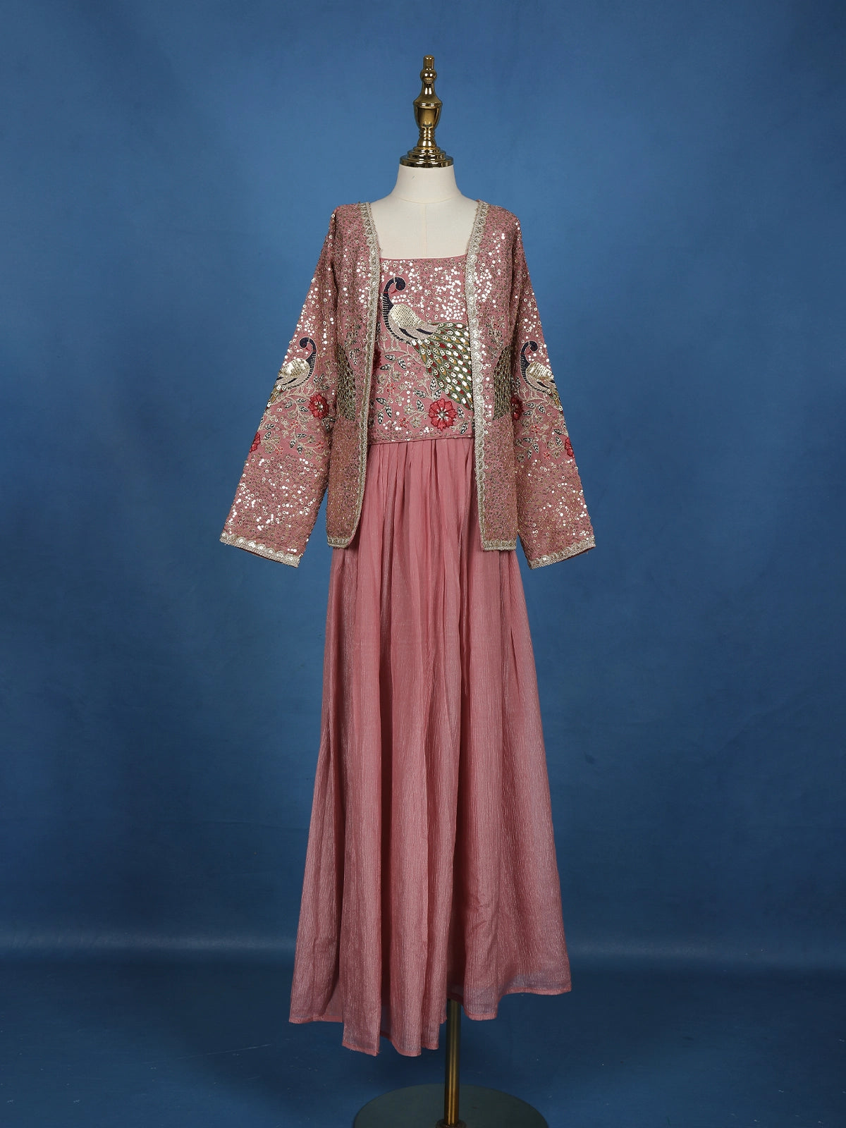 Rose Pink Peacock Embroidered Georgette Kids Palazzo Suit