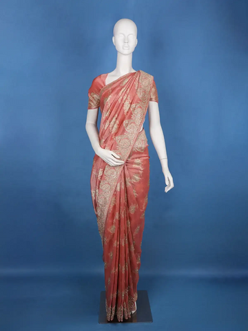 Rose Gold Floral Zari Sequin Embellishment Organza Saree - Diadem
