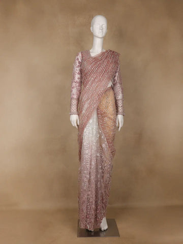 Rose Gold Sequin Floral Designed Beaded Net Saree - Diadem