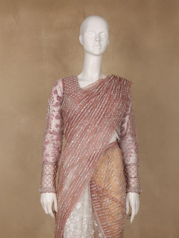 Rose Gold Sequin Floral Designed Beaded Net Saree - Diadem