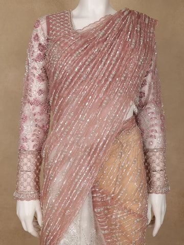 Rose Gold Sequin Floral Designed Beaded Net Saree - Diadem