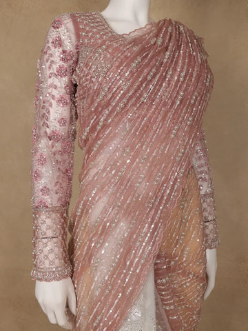 Rose Gold Sequin Floral Designed Beaded Net Saree - Diadem