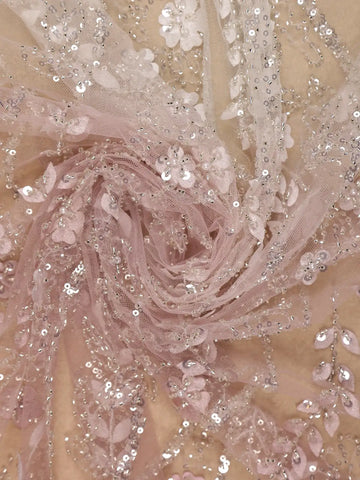 Rose Gold Sequin Floral Designed Beaded Net Saree - Diadem