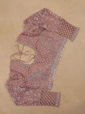 Rose Gold Sequin Floral Designed Beaded Net Saree - Diadem