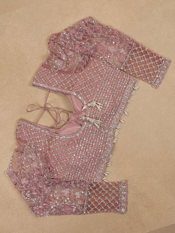 Rose Gold Sequin Floral Designed Beaded Net Saree - Diadem