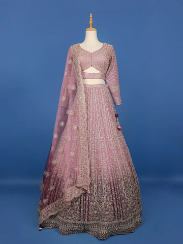 Rose Pink Floral And Sequins Embroidered Design Net Bridal Lehenga - Diadem