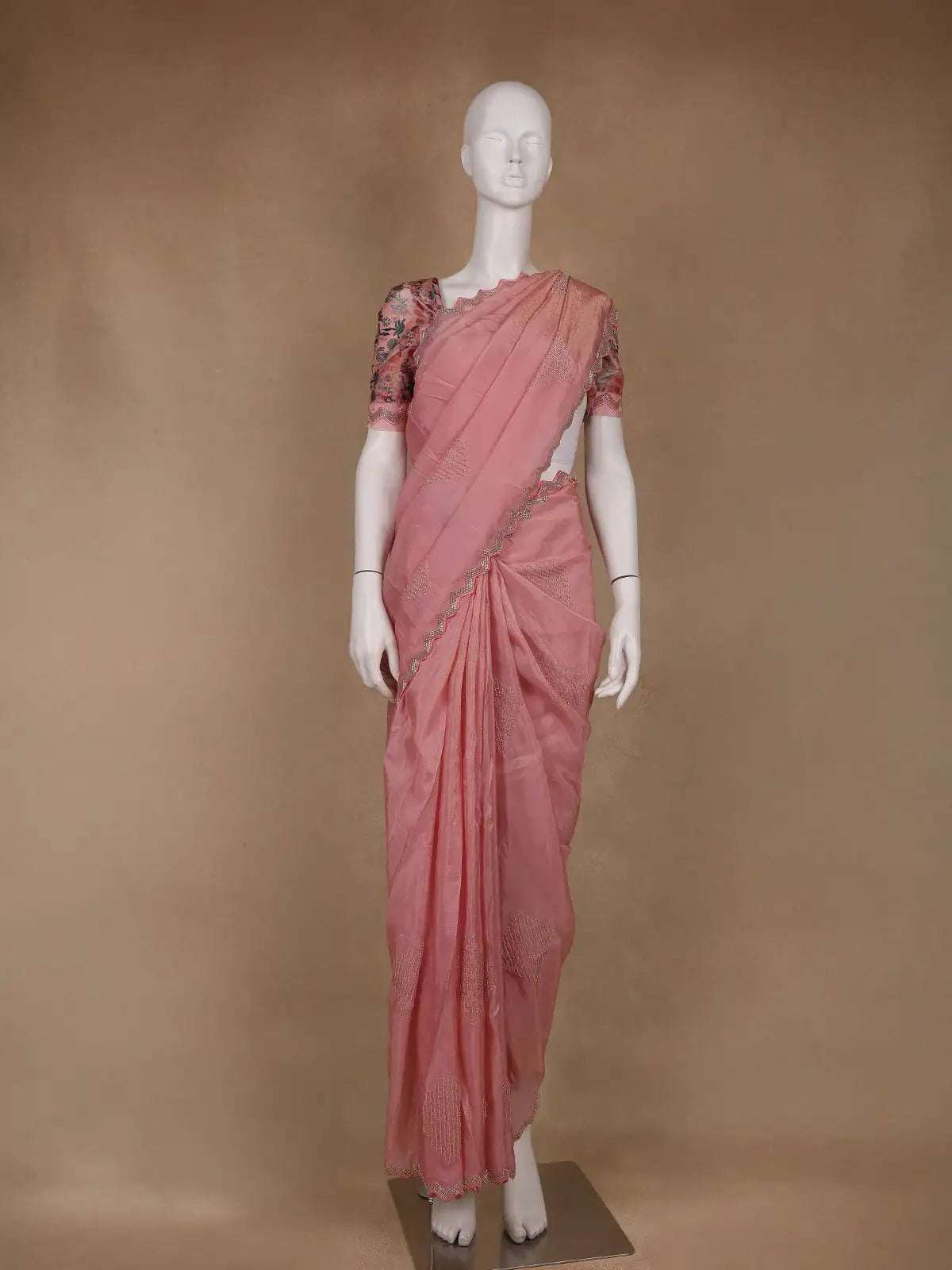 Rose Pink Floral Designed Organza Designer Saree - Diadem