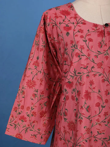 Rose Pink Floral Printed Cotton Kurti - Diadem