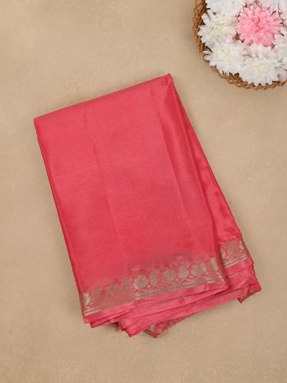 Rose Pink Solid Design Antique Gold Zari Border Mysore Silk Saree - Diadem