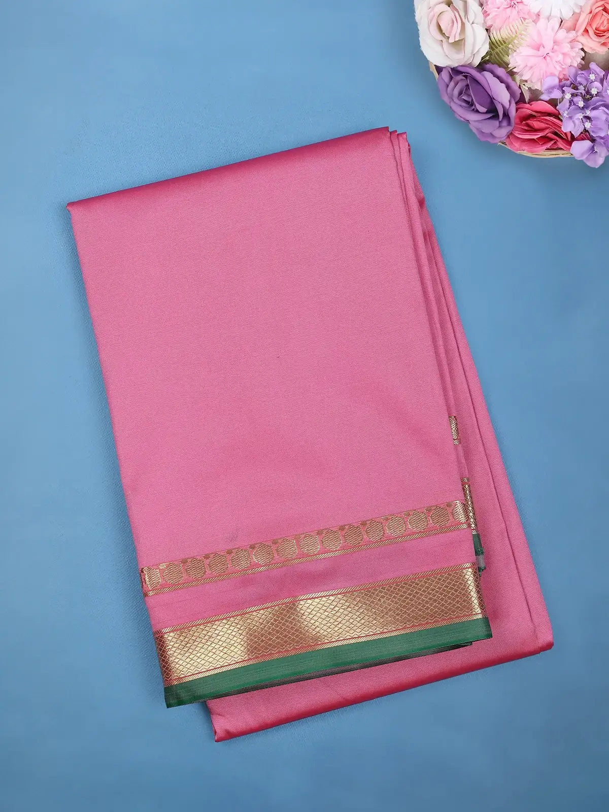 Rose Pink with a Gold Zari Border and Green Selvedge Edge Soft Silk Saree - Diadem