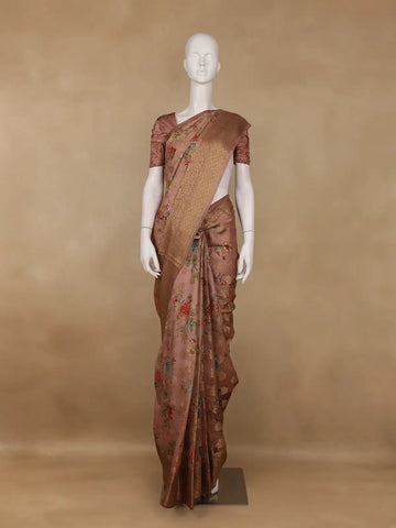 Pink Banarasi Saree with Flower and Leaf Design on the Body with Zari Border - Diadem