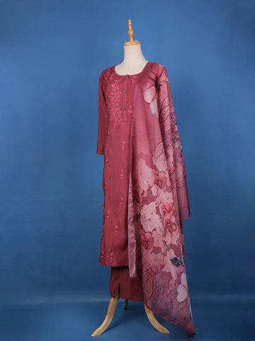 Rosewood Pink Floral Design Embroidered Print Semi Silk Salwar Suit - Diadem