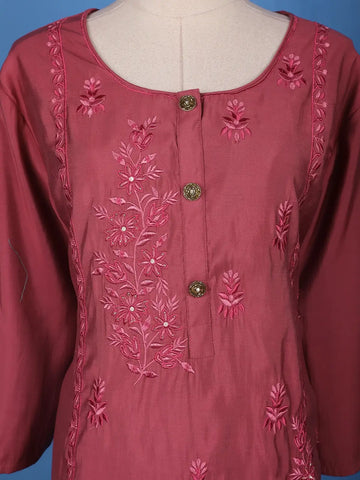 Rosewood Pink Floral Design Embroidered Print Semi Silk Salwar Suit - Diadem
