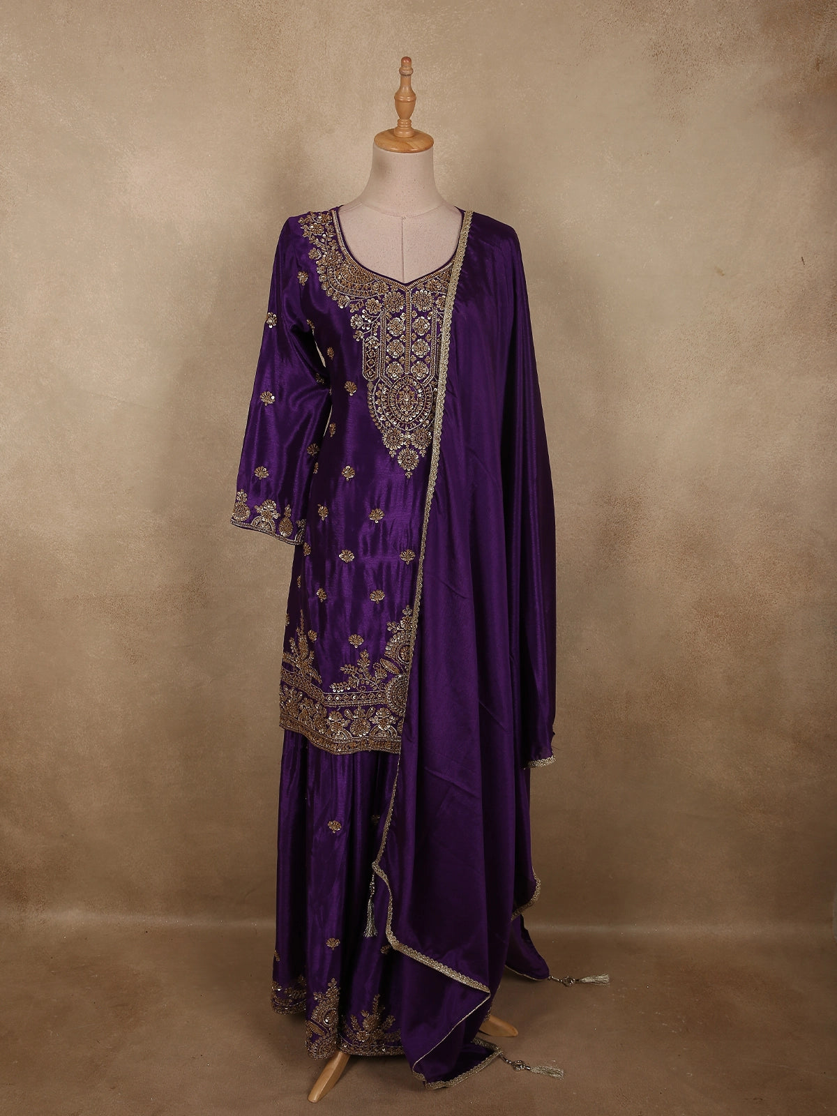 strapless open back dress Grey & Mauve Floral Sequins Embroidery Vichitra Silk Semi Stitched Pak main image 1