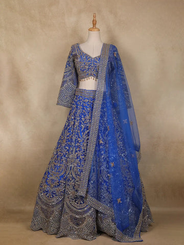 Royal Blue Floral Embroidery Bridal Design Net Lehenga - Diadem