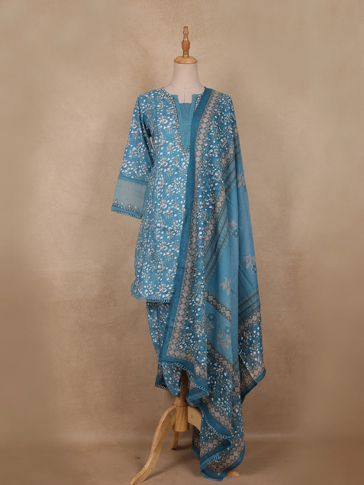 Royal Blue Floral Printed Design Cotton Salwar Suit with Mirror Work and Dupatta