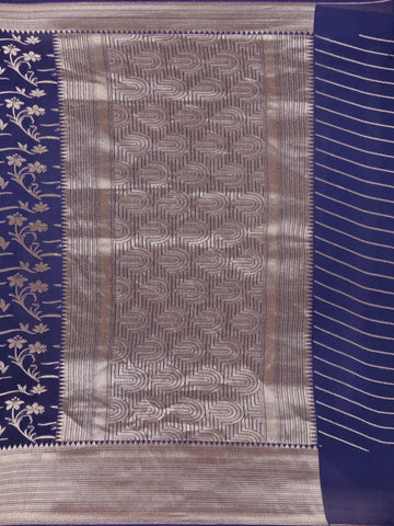 Royal Blue Floral Woven Banarasi Silk Saree With Zari Border - Diadem