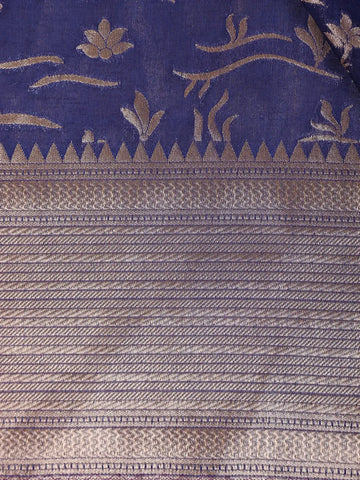 Royal Blue Floral Woven Banarasi Silk Saree With Zari Border - Diadem