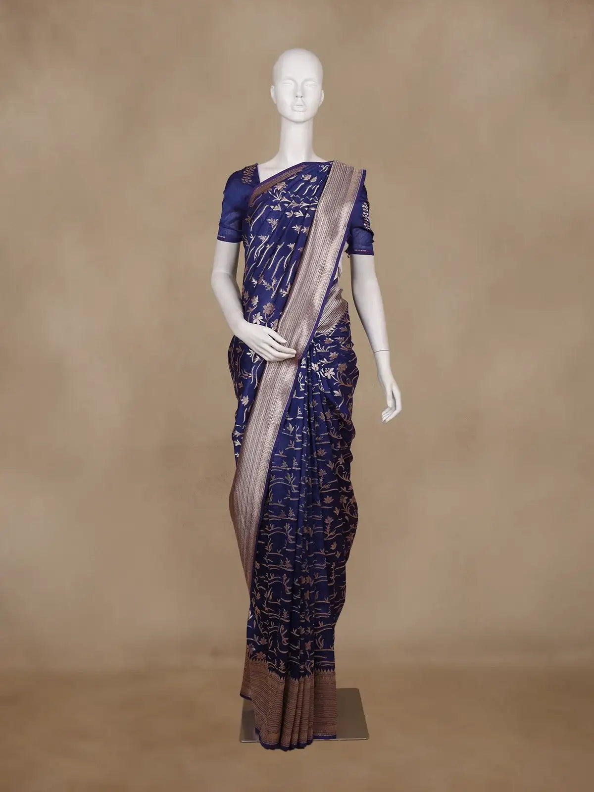 Royal Blue Floral Woven Banarasi Silk Saree With Zari Border - Diadem