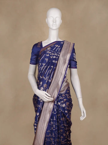Royal Blue Floral Woven Banarasi Silk Saree With Zari Border - Diadem