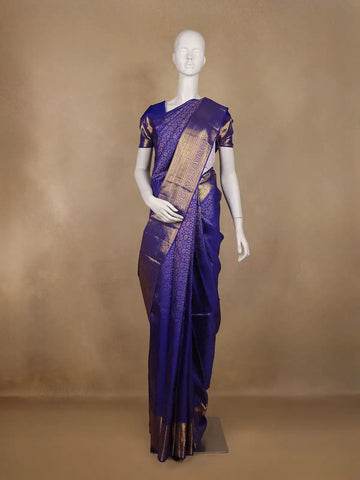 Royal Blue Floral Woven Pure Kanchipuram Silk Saree With Zari Border - Diadem