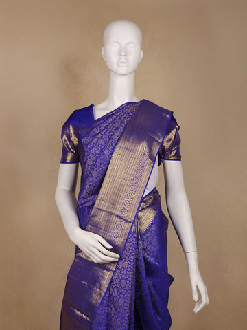 Royal Blue Floral Woven Pure Kanchipuram Silk Saree With Zari Border - Diadem