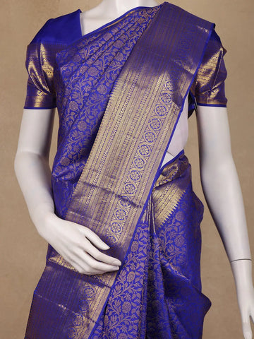 Royal Blue Floral Woven Pure Kanchipuram Silk Saree With Zari Border - Diadem