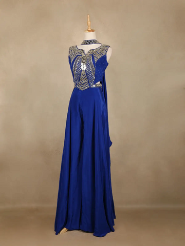 Royal Blue Indo-Western Design Satin Salwar Suit - Diadem
