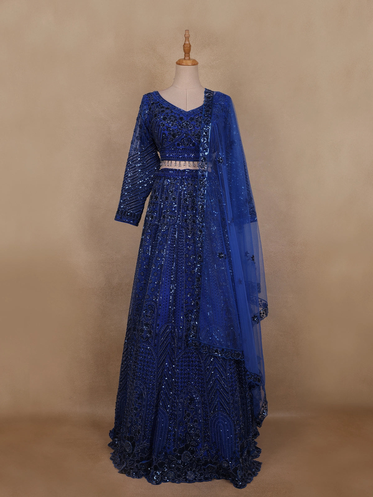Royal Blue Sequins Embroidered Design Net Lehenga with Dupatta