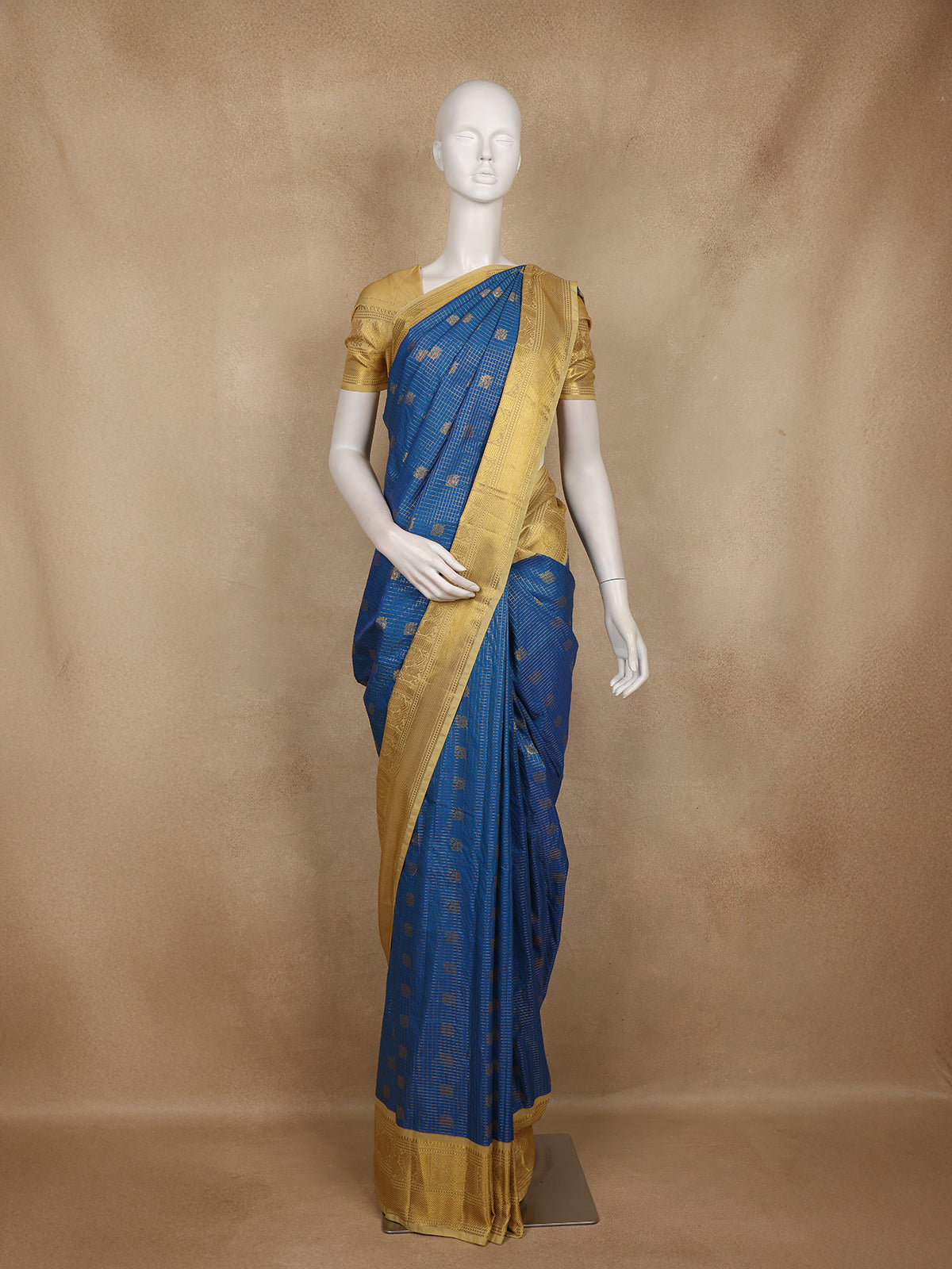 Royal Blue Small Butta Woven Design Art Silk Saree with Contrast Golden Zari Border