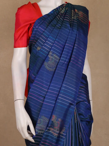 Royal Blue Striped Woven Pure Kanchipuram Silk Saree - Diadem