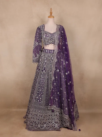 Royal Purple Floral Embroidered Bridal Net Lehenga Set - Diadem