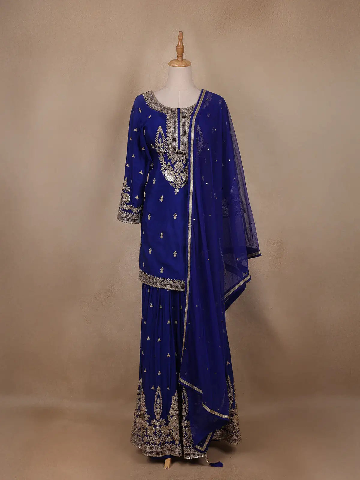 Royal Blue Floral Embroidery Crepe Sharara salwar Suit - Diadem
