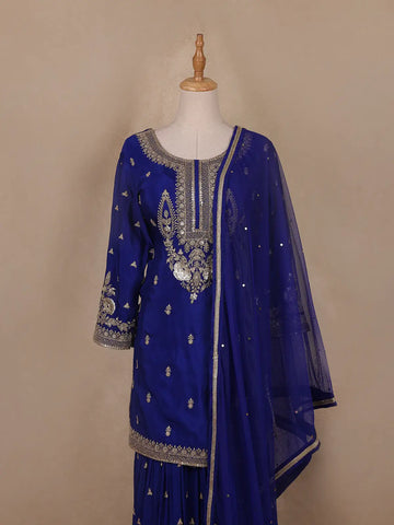 Royal Blue Floral Embroidery Crepe Sharara salwar Suit - Diadem