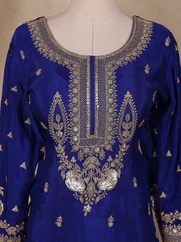 Royal Blue Floral Embroidery Crepe Sharara salwar Suit - Diadem