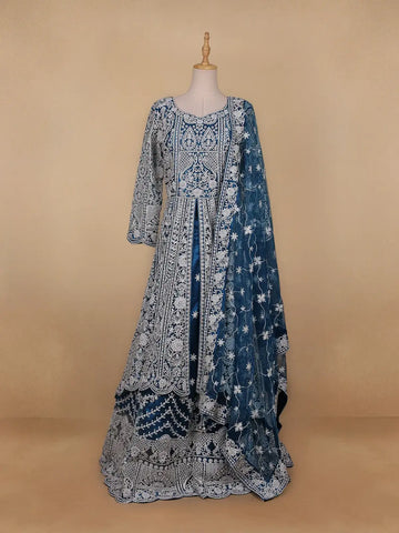 Royal Blue Floral Embroidery Net Bridal Gown - Diadem