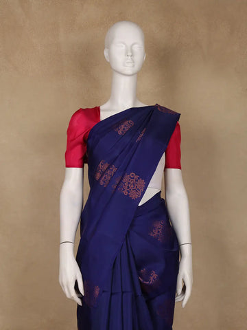 Royal Blue Floral Motif Woven Pure Kanchipuram Silk Saree - Diadem