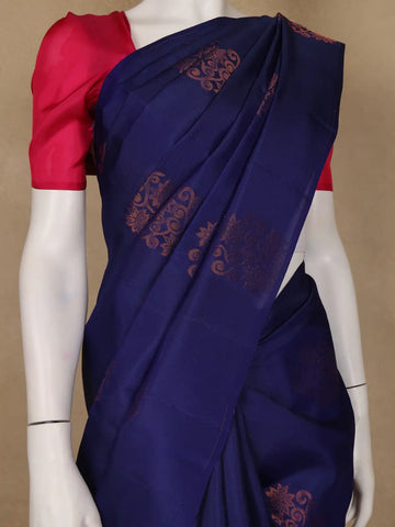 Royal Blue Floral Motif Woven Pure Kanchipuram Silk Saree - Diadem