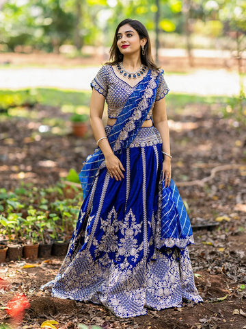 Royal Blue Raw Silk Floral Designed Bridesmaid Lehenga - Diadem