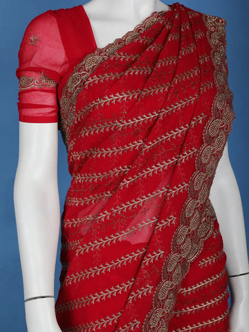 Ruby Red Paisley Embroidery Georgette Fancy Saree - Diadem